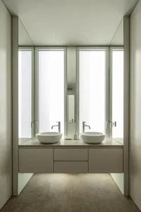 A minimalist bathroom with modern marble features.