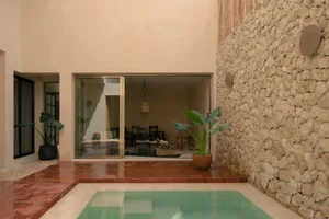 A minimalist residential summerhouse with a patio, pool, and interior living area.