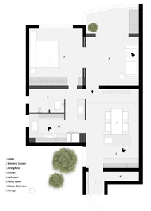 Modern residential floor plan with living room, kitchen, bathroom, and bedrooms.