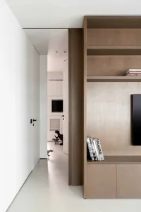 A modern minimalist living room featuring wooden furniture and shelving units.