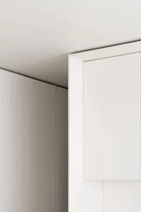 Modern minimalist white interior with paneling.