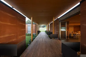 A modern residential interior featuring wooden elements.