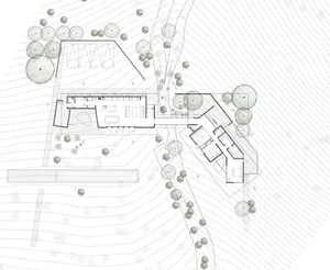 A detailed architectural floor plan of a house showing indoor and outdoor spaces.