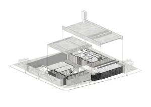 Minimalist house with concrete, glass, and metal materials, detailed floor plan.