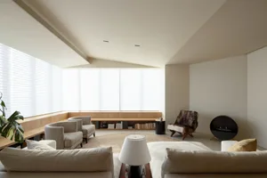 Minimalist living room with natural fiber accents and open layout