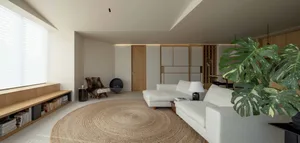 A minimalist modern living room with wooden furniture, a jute rug, and a glass table.