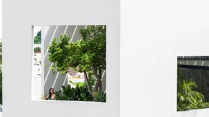 A minimalist white wall with a large window displaying green plants, set against a white background.