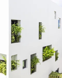 White building wall with green plants growing from rectangular cutouts.