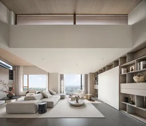 Modern minimalist living room with contemporary furniture, high ceiling, and large windows.