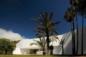 A white minimalist house with palm trees and clear blue sky.