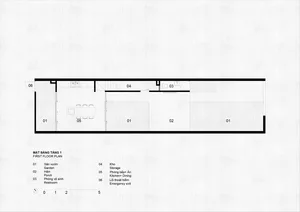 Floor plan of a modern residential interior with concrete walls and minimalist design.