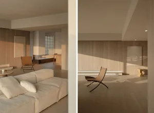 Contemporary interior design featuring wooden walls, a beige sectional sofa, and minimalist furnishings.