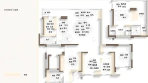 Floor plan of a modern loft space with various designated areas including a living room, kitchen, dining area, and bedroom.