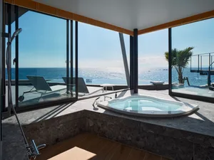 Modern residential bathroom featuring glass walls and a bathtub with a sea view.