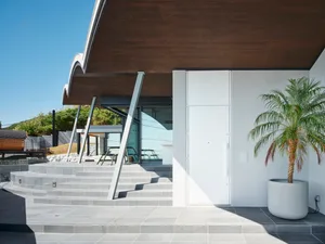 Modern residential entrance featuring a white door, concrete steps, and a potted palm plant.