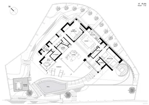Floor plan of a modern residential building with various rooms labeled.