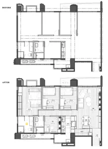 Comparison of before and after interior design blueprints, showing renovations and layout changes.