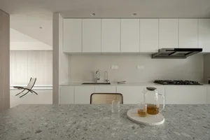 A minimalist residential kitchen featuring a concrete countertop.