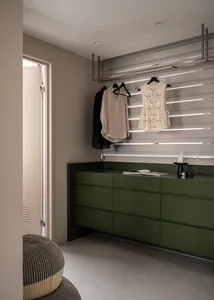 Modern minimalist clothes closet featuring metallic accents, green drawers, and clothes hanging on black hangers.