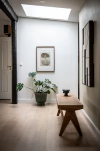 A minimalist interior space featuring a wooden floor with a plant and a wooden bench.