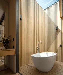 Modern bathroom featuring wooden walls and a white tub