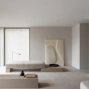 Modern interior living space with minimalist design and neutral color palette