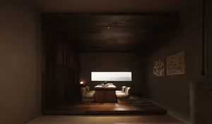 A minimalist tea room with wooden furniture and a small window overlooking a serene landscape.