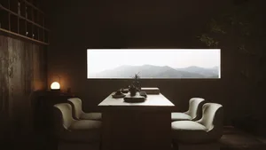 A minimalist wooden living room with walls, a plant, and a window overlooking mountains.