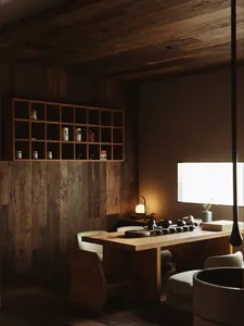 A modern minimalist tea room with wooden furniture and a tea table surrounded by white chairs and shelves filled with tea ute