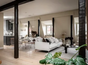 Modern minimalist living room with wood flooring, concrete accents, and contemporary furniture.