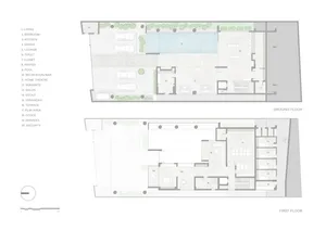 Ground and first floor layout of a modern residential building with labeled rooms and spaces.