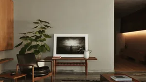 A minimalist living room with a black armchair, a table with a framed black-and-white photograph, and a potted plant on a pla