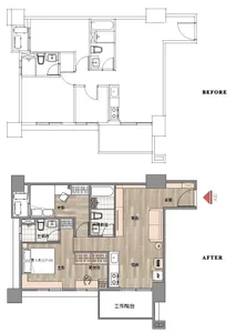 Minimalist house floor plan schematic showing living room, kitchen, bedrooms, and bathrooms.