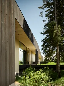 A modern architectural exterior featuring wood siding and glass.