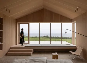 A minimalist living room with large windows overlooking the ocean, featuring wooden walls, floor, and ceiling, and a concrete