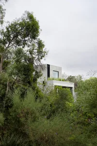 Modern house with concrete exterior surrounded by greenery.