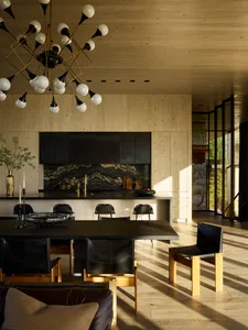 Contemporary residential kitchen dining area featuring wooden paneling and a black marble kitchen island.