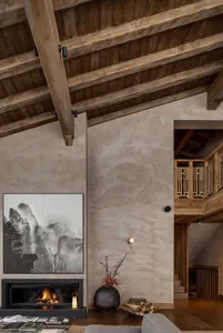 Minimalist living room with concrete fireplace and wooden beams on the ceiling.