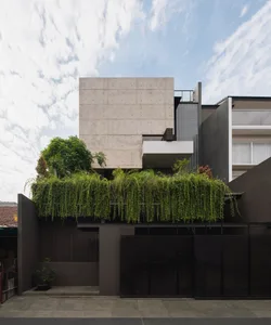 Modern, minimalist concrete house exterior with greenery on the rooftop.