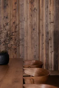 A minimalist interior design featuring wooden furniture and a potted plant with bare branches.