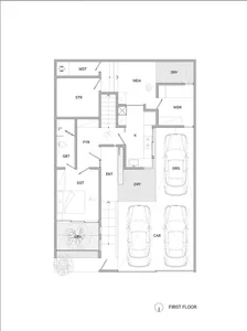 Floor plan of a modern residential home with concrete and steel structures and large windows.