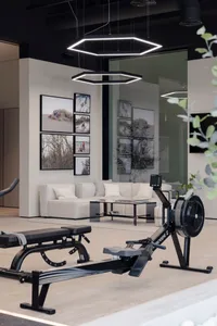 A stylish modern home gym featuring black metal equipment and minimalist decor.