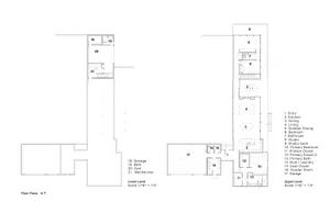 Detailed floor plan of a residential building showing multiple rooms and spaces, including bedrooms, bathrooms, and a kitchen