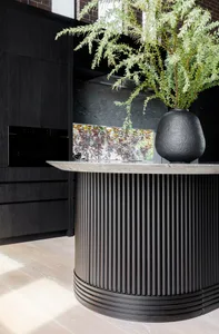 Modern minimalist black kitchen with stone countertops and green foliage in a vase.