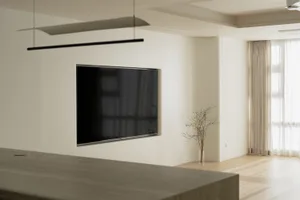 Modern living room with neutral-colored walls, minimalistic decor, and a large flat-screen television.