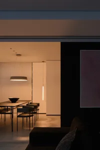 Modern minimalist living and dining room interior with furniture and lighting.