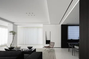 Minimalist living room with white curtains, black furniture, and a small tree.