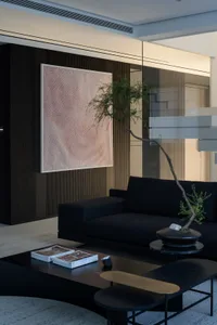 A modern minimalistic living room featuring a dark sofa, a coffee table with books and a skateboard, and a bonsai tree.