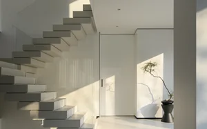 White minimalist interior with glass staircase and door.