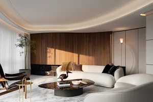 Modern living room with leather furniture, marble coffee table, and wooden accents